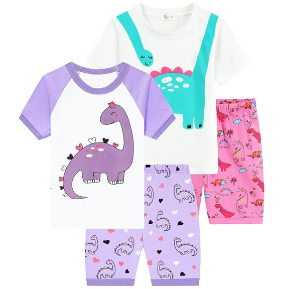 DDSOL Toddler Girls Pajamas Dinosaur Graphic Short Sleeves Cotton Sleepwear Sets 4-Piece Purple Pink 4T