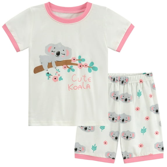 POPTEM Toddler Girls Pajamas Koala Print Short Sleeve Cotton Sleepwear Sets 2-Pieces White 2T