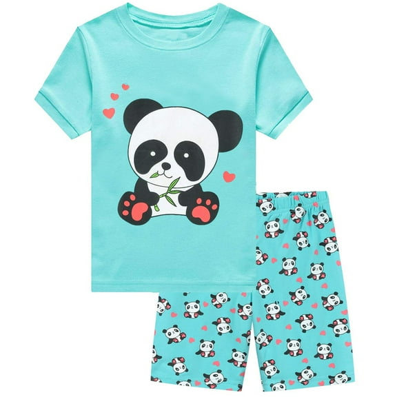 DDSOL Toddler Girls Pajamas Panda Graphic Short Sleeves Cotton Sleepwear Sets 2-Piece Mint Green 3T