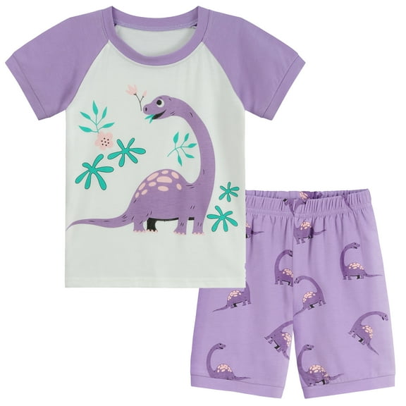POPTEM Toddler Girls Pajamas Short Sleeve Dinosaur Pjs Cotton Sleepwear Sets Purple 2-Piece 3T