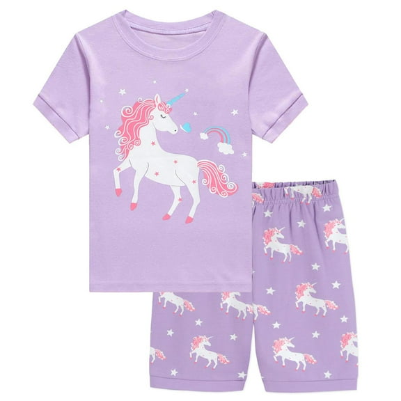 POPTEM Toddler Girls Pajamas Unicorn Graphic Short Sleeves Pjs 2-Pieces Sleepwear Sets Purple 2T