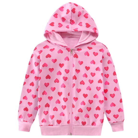 POPTEM Toddler Girls Pink Hoodie Sweatshirts Valentines Day Heart Print Zip-up Jacket 5T