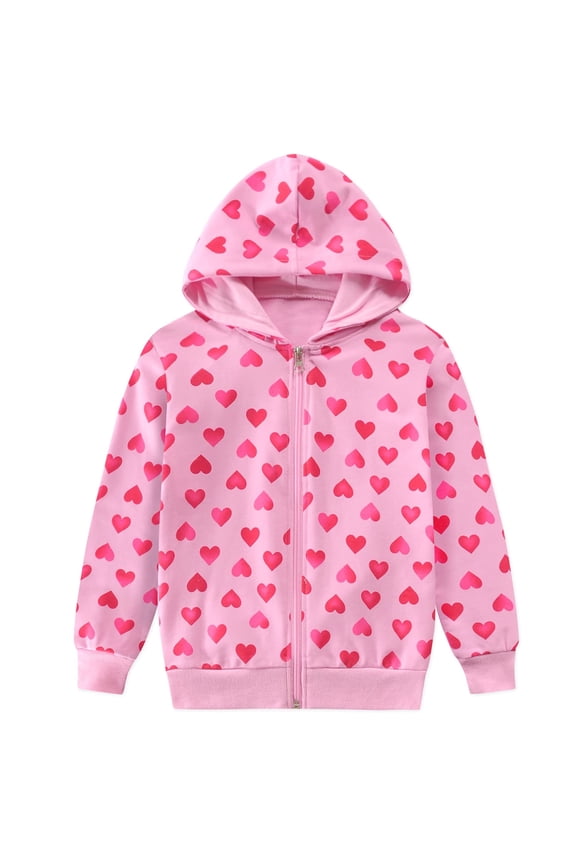 Toddler Girls Pink Hoodie Sweatshirts Valentines Day Heart Print Zip-up Jacket 5T