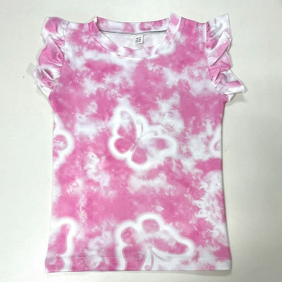 POPTEM Toddler Girls T-Shirt Butterfly Tie Dye Graphic Tee Ruffled Sleeves Top Pink 2T