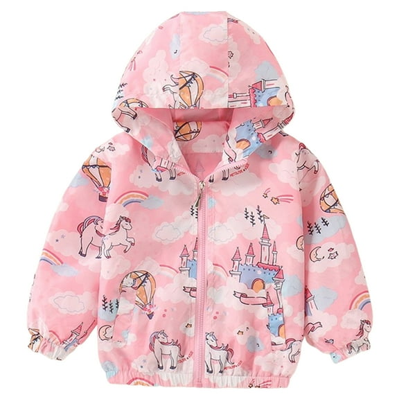 POPTEM Toddler Girls Windbreaker Hooded Pony Graphic Outwear Lightweight Zip Up Jacket Pink 4T