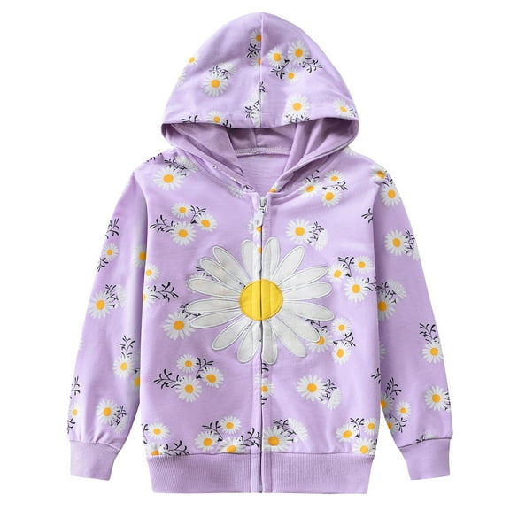 POPTEM Toddler Girls Hoodie Daisy Graphic Hooded Sweatshirt Zip-Up Jacket Purple 2T
