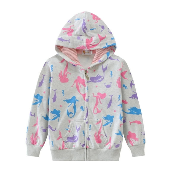 POPTEM Toddler Girls Zip Up Hoodie Mermaid Sweatshirts Hooded Outwear Jacket Gray 4T
