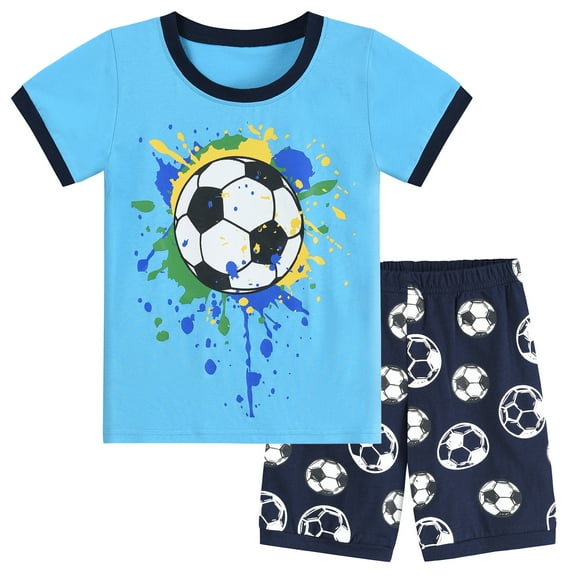 POPTEM Toddler Pajamas Boy Football Pjs Short Sleeves 2-Pieces Sleepwear Sets Cotton Blue 2T