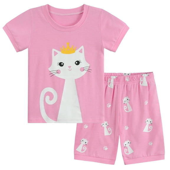 POPTEM Toddler Pajamas Girls Cat Pjs Short Sleeves Cotton Sleepwear Sets 2-Pieces Pink 2T