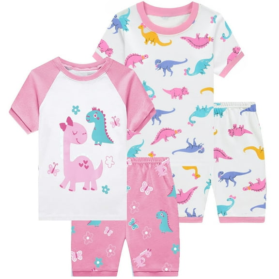 DDSOL Toddler Pajamas Girls Dinosaur Pjs Short Sleeves Cotton Sleepwear Sets 4-Piece Pink 5T