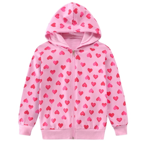 POPTEM Girls Valentines Day Hoodie Heart Print Sweatshirt Zip Up Jacket Pink Size 7