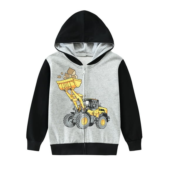 POPTEM Toddler Boys Zip-up Hoodie Excavator Jacket Cotton Hooded Sweatshirt Fall Clothes Black 4T