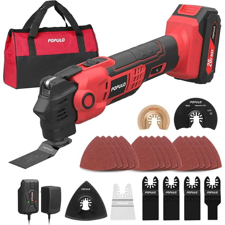 POPULO 20V Cordless Oscillating Tool Kits, 22000 OPM Variable Speed, 4.5°  Oscillating Angle Multi Tool, 27 Piece Battery Powered Multi-Tool for