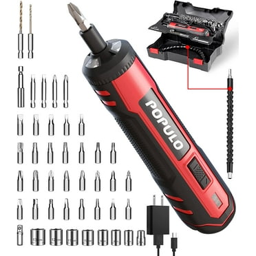 POPULO 4V Electric Screwdriver Kit,6 Torque Settings, Power Screwdriver Cordless Rechargeable with LED Work Light, 32 pieces Screwdriver Bits, 8 Sockets, Flex Hex Shaft, Bit Holders and Storage Box