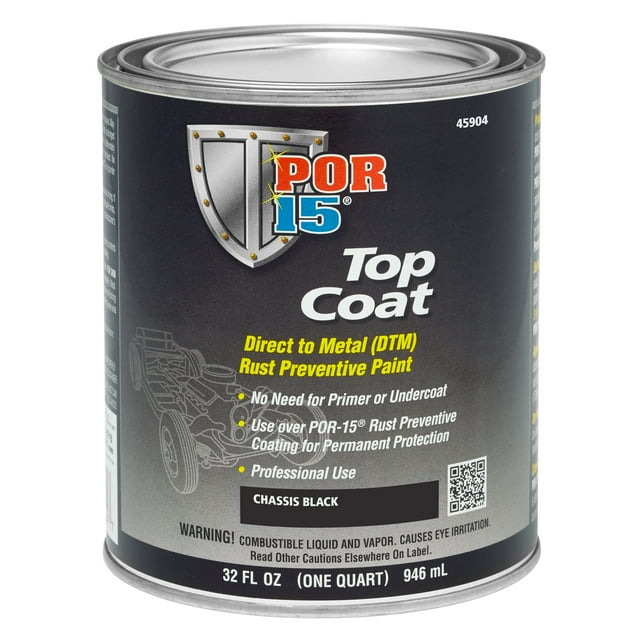 POR15 45904 Top Coat DTM Paint, 1 qt Can, Chassis Black, Liquid, 30 to