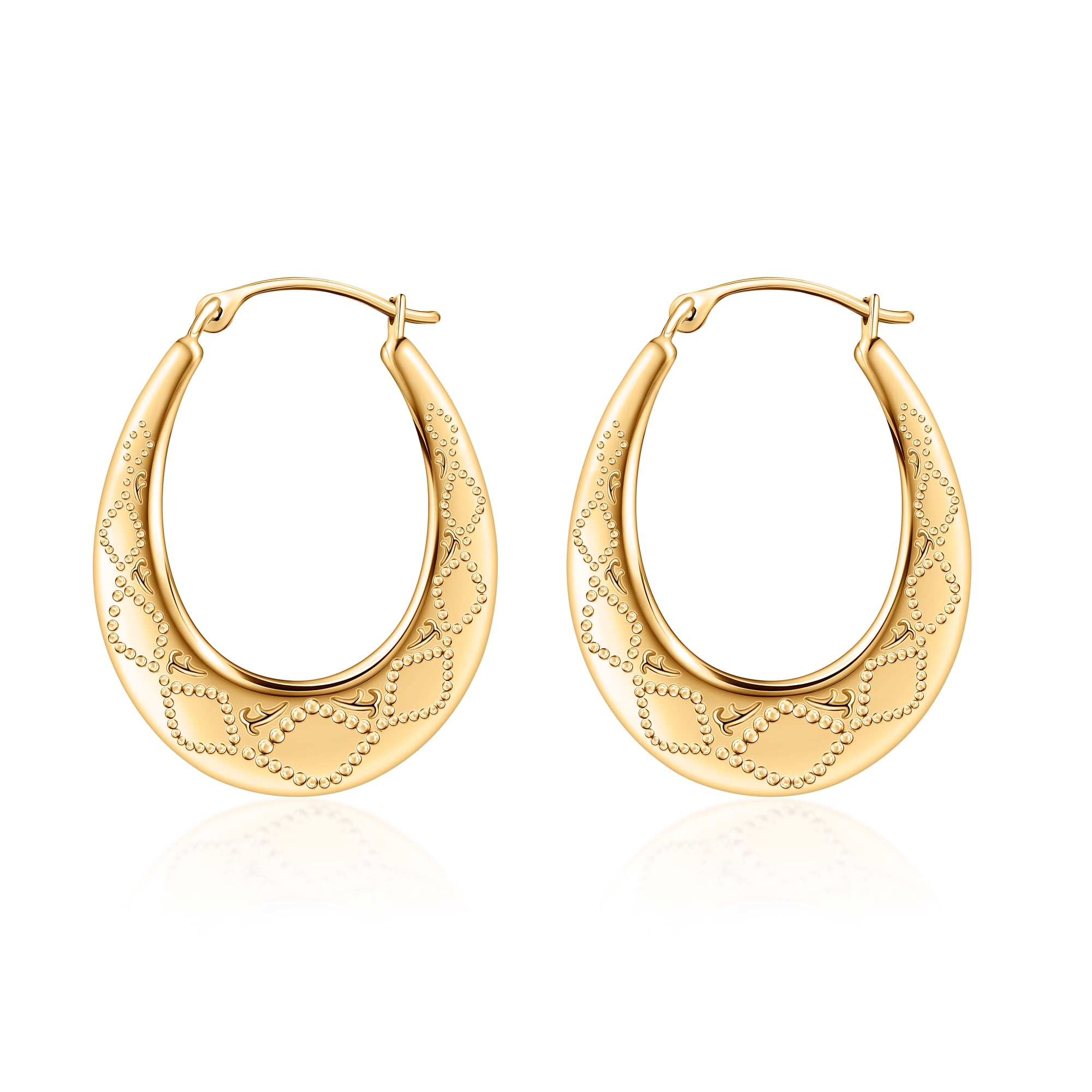 PORI JEWELERS 10K Solid Gold Laser Cut Diamond Design Oval Hoop Earrings- 2mm X 25mm - Perfect Earrings For Everyday