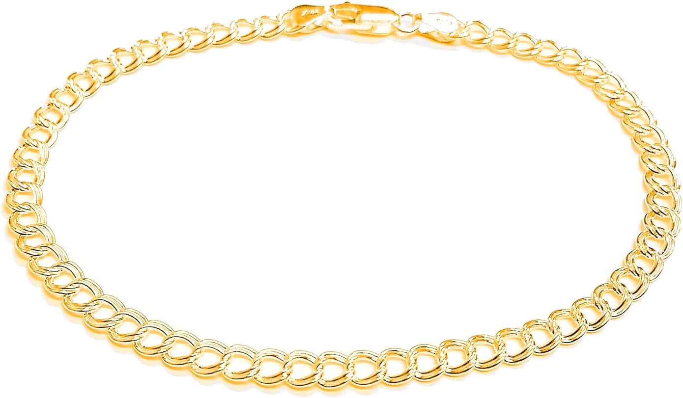 PORI JEWELERS 925 Sterling Silver 4mm Charm Link Chain Anklet - Available in Silver or Yellow