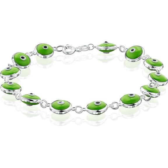 PORI JEWELERS 925 Sterling Silver 6MM Green Evil Eye Bracelet for Women - 7.5 inches