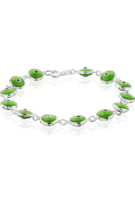 925 Sterling Silver 6MM Green Evil Eye Bracelet for Women - 7.5 inches