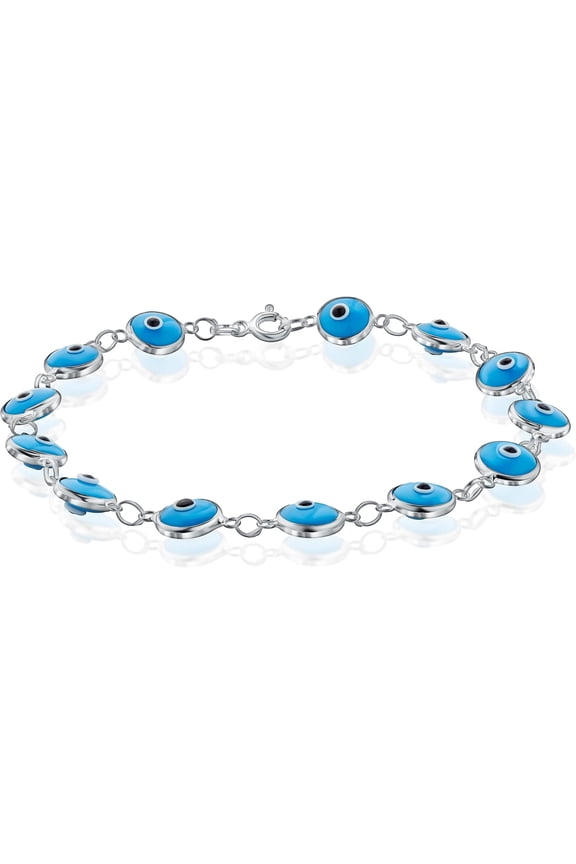 925 Sterling Silver 6MM Light Blue Evil Eye Bracelet for Women - 7.5 inches