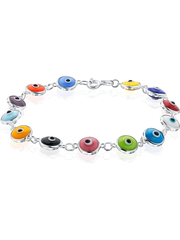 925 Sterling Silver 6MM Multicolored Evil Eye Bracelet for Women - 7.5 inche