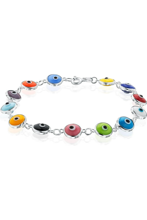 925 Sterling Silver 6MM Multicolored Evil Eye Bracelet for Women - 7.5 inche