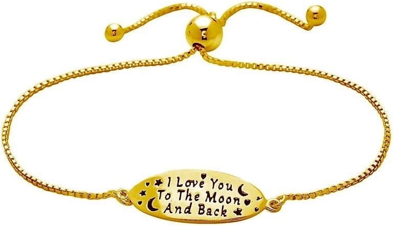 PORI JEWELERS 925 Sterling Silver I Love You To The Moon and Back Inspirational Quote Adjustable Charm Bracelet - Yellow or Silver