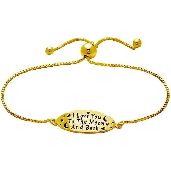 PORI JEWELERS 925 Sterling Silver I Love You To The Moon and Back Inspirational Quote Adjustable Charm Bracelet - Yellow or Silver