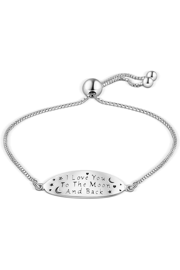 925 Sterling Silver I Love You To The Moon and Back Inspirational Quote Adjustable Charm Bracelet - Yellow or Silver