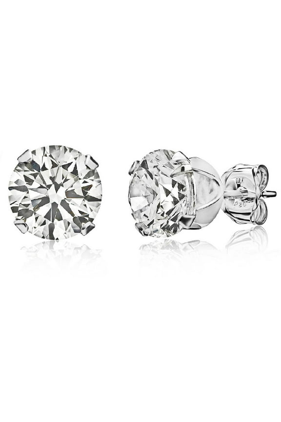 Round-Cut CZ Diamond Stud Earrings, 8mm, Sterling Silver