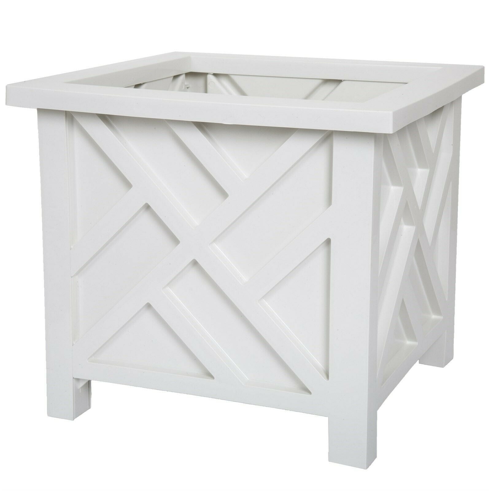 PORJGV Stylish 14x14 Inch White Lattice Plant Holder Planter Box Durable Polypropylene Outdoor Garden Patio Lawn Flower Container, Easy Snap Assembly