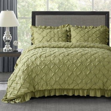 PORK     Chic Comforter Set Sage Lace Ruffled - Pintuck Pinch Pleat Design - Super Soft Prewashed Microfiber Lightweight - 3 Piece Bedding Set with Two Shams Gift