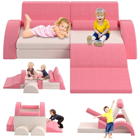 PORKISS 11 PCS Kids Sofa Couch, Foam Modular Kids Play Couch for Boys Girls, Creativing Toddler Sofa Couch for Aged 2+, Modern Floor Couch for Playroom, Bedroom,Gifts, Pink/White