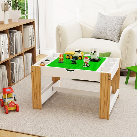 PORKISS 2 in 1 Kids Play Table for Building Bricks, with Reversible Top and 7 Storage Compartments, White