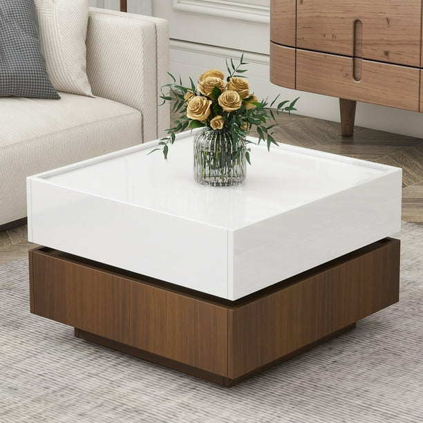 PORKISS 2 in 1 Nesting Coffee Table Modern Square Coffee Table with Wheels and Drawers Small Stacking Coffee Table with High Gloss Marble Grain Top