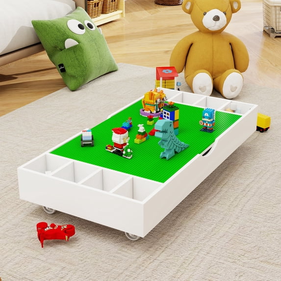 PORKISS 2 in 1 Wooden Play Table for Building Bricks, with Wheels and Reversible Top, Folds for Easy Under Bed Storage, White