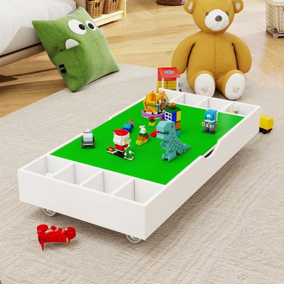 PORKISS 2 in 1 Wooden Play Table for Building Bricks, with Wheels and Reversible Top, Folds for Easy Under Bed Storage, White