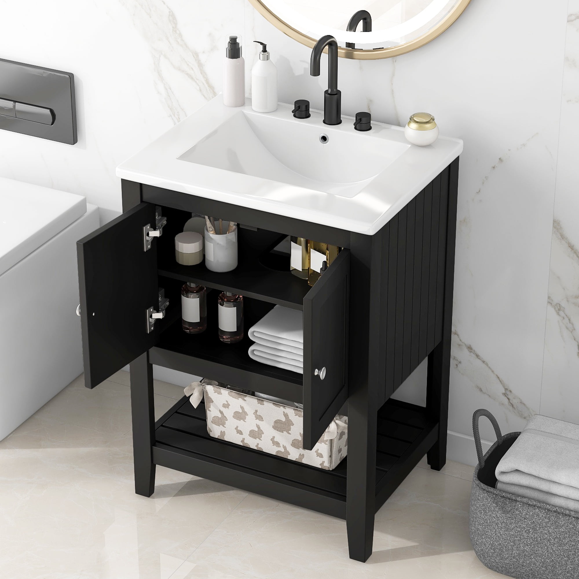 PORKISS 24" Bathroom Vanity with Ceramic Sink, Wood Bathroom Cabinet Vanity with Doors and Open Shelf, Freestanding Bathroom Storage Cabinet with Solid Wood Frame, Black
