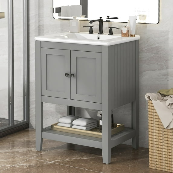 PORKISS 24" Bathroom Vanity with Ceramic Sink, Wood Bathroom Cabinet Vanity with Doors and Open Shelf, Freestanding Bathroom Storage Cabinet with Solid Wood Frame, Grey