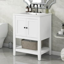 PORKISS 24" Bathroom Vanity with Ceramic Sink, Wood Bathroom Cabinet Vanity with Doors and Open Shelf, Freestanding Bathroom Storage Cabinet with Solid Wood Frame, White