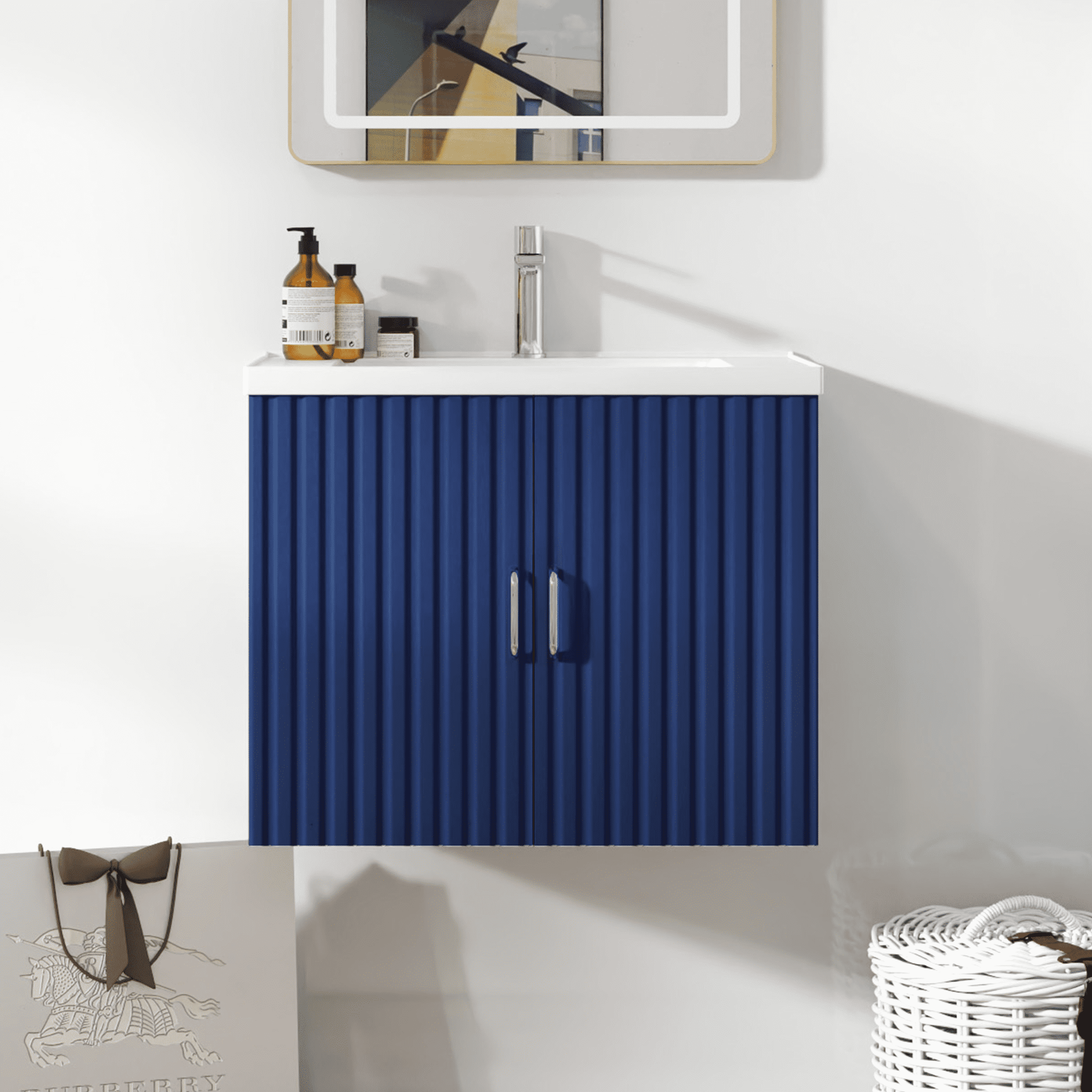 PORKISS 24” Bathroom Vanity, Modern Wall Mounted Floating Vanity with Porcelain Sink and Wood Soft Close Doors, Blue