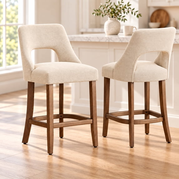 PORKISS 26" Bar Stools Set of 2, Upholstered Kitchen Island Stools with Hollow Back, Mid-Century Counter Stools with Wood Legs Footrest, Beige