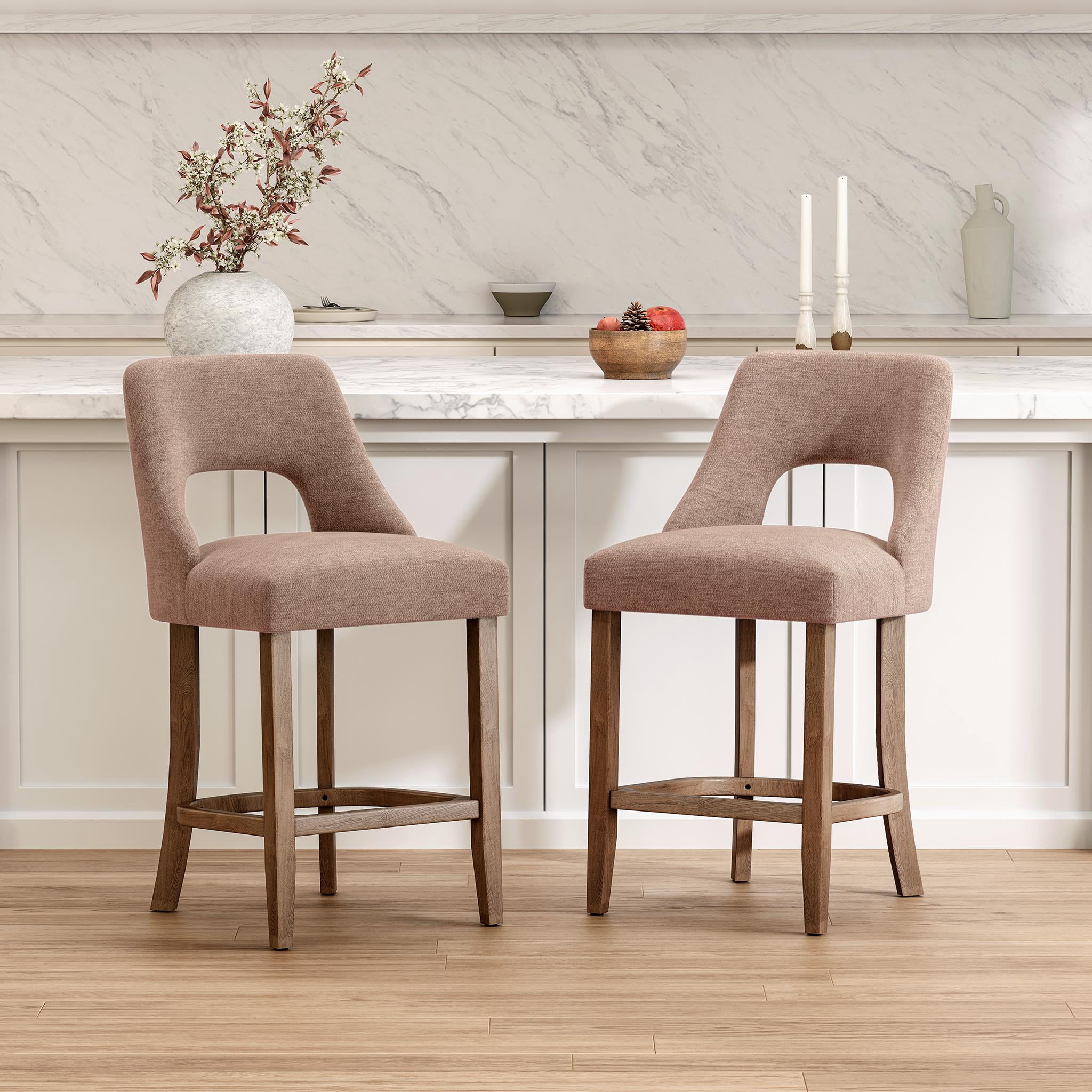 PORKISS 26" Bar Stools Set of 2, Upholstered Kitchen Island Stools with Hollow Back, Mid-Century Counter Stools with Wood Legs Footrest, Khaki