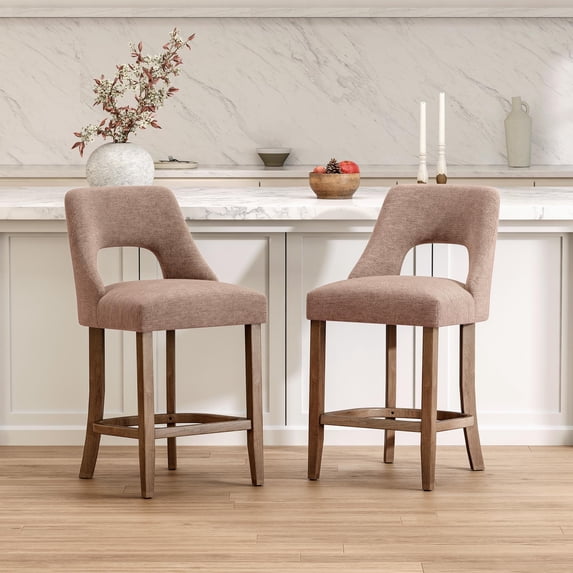 PORKISS 26" Bar Stools Set of 2, Upholstered Kitchen Island Stools with Hollow Back, Mid-Century Counter Stools with Wood Legs Footrest, Khaki