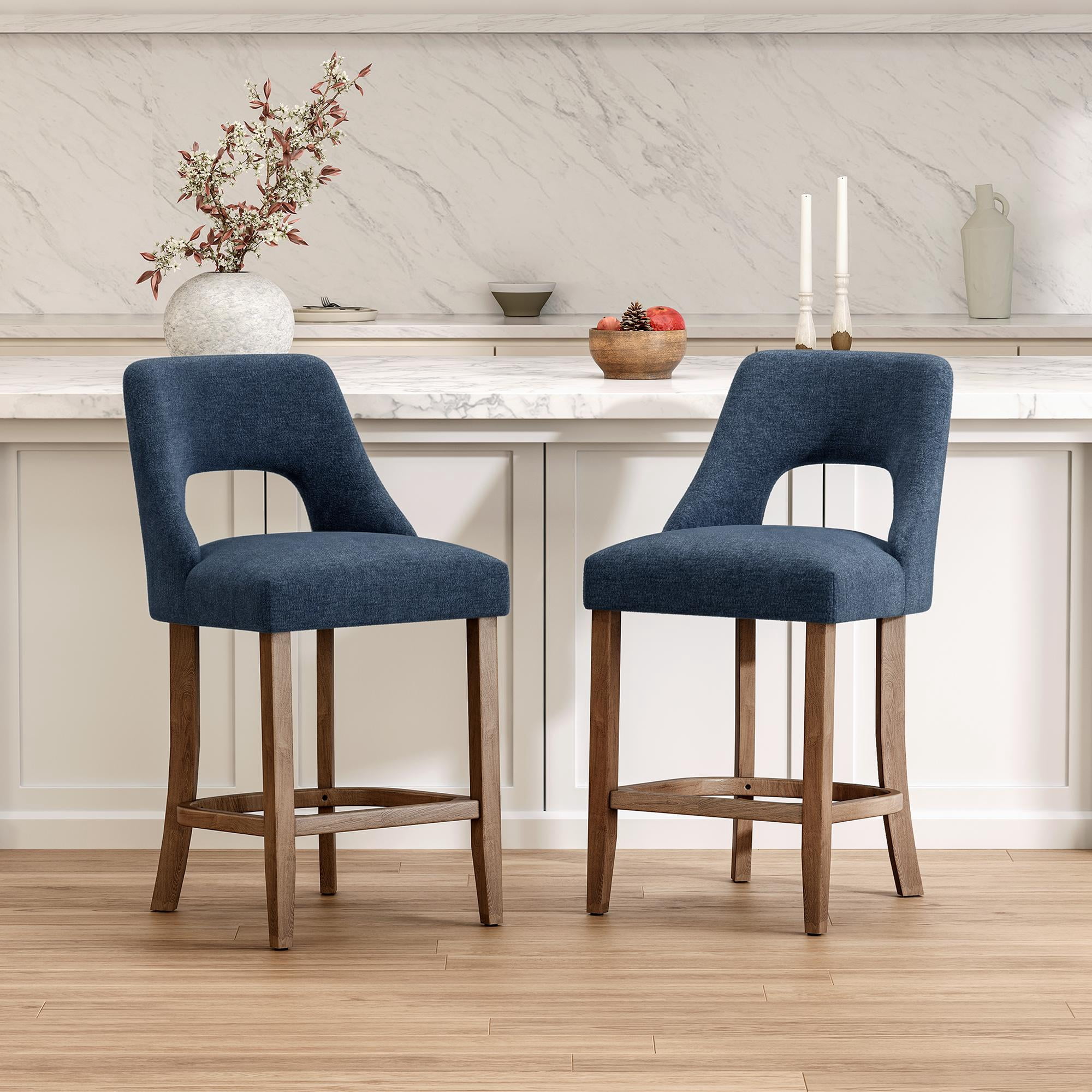 PORKISS 26" Bar Stools Set of 2, Upholstered Kitchen Island Stools with Hollow Back, Mid-Century Counter Stools with Wood Legs Footrest, Navy