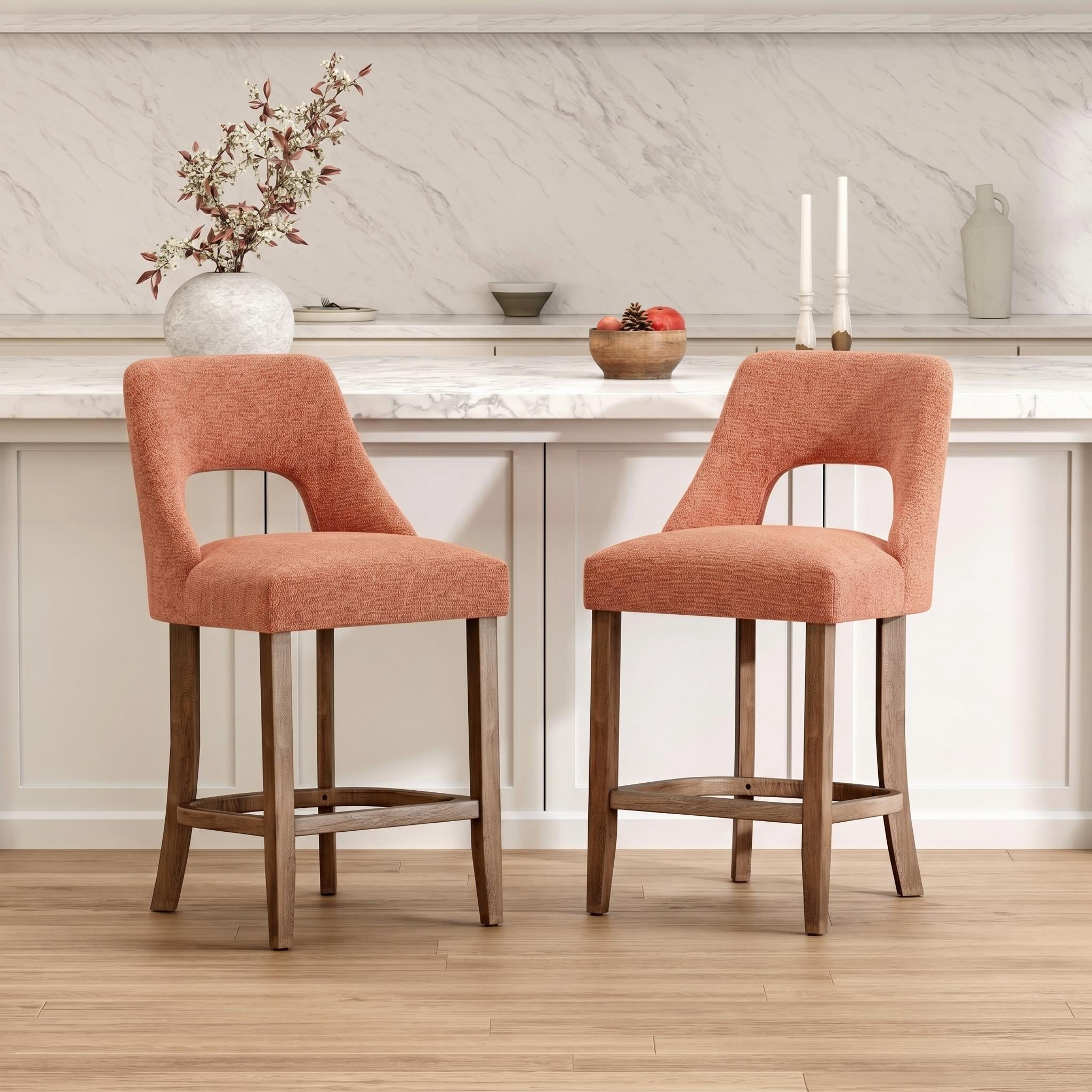 PORKISS 26" Bar Stools Set of 2, Upholstered Kitchen Island Stools with Hollow Back, Mid-Century Counter Stools with Wood Legs Footrest, Orange