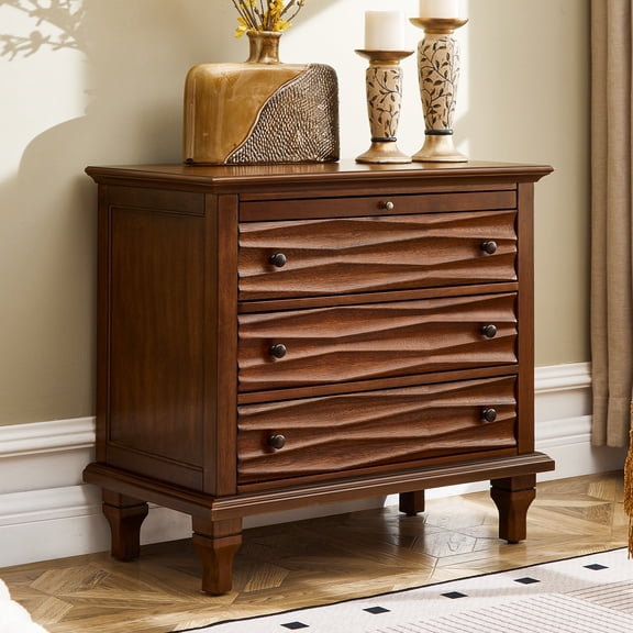 PORKISS 3 Drawers Night Stand, Wave-Textured Dresser with Charging Station, Modern Wooden Bedside Table for Bedroom, Living Room, Walnut