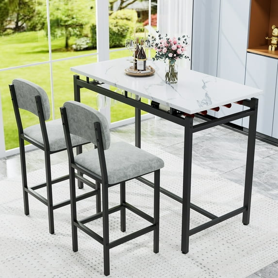 PORKISS 3 Piece Dining Room Set, Bar Dining Table Set with Storage Rack, Kitchen Table Set with 2 Chairs for Small Spaces, Apartment, Breakfast, Pub, Gray+White+Black