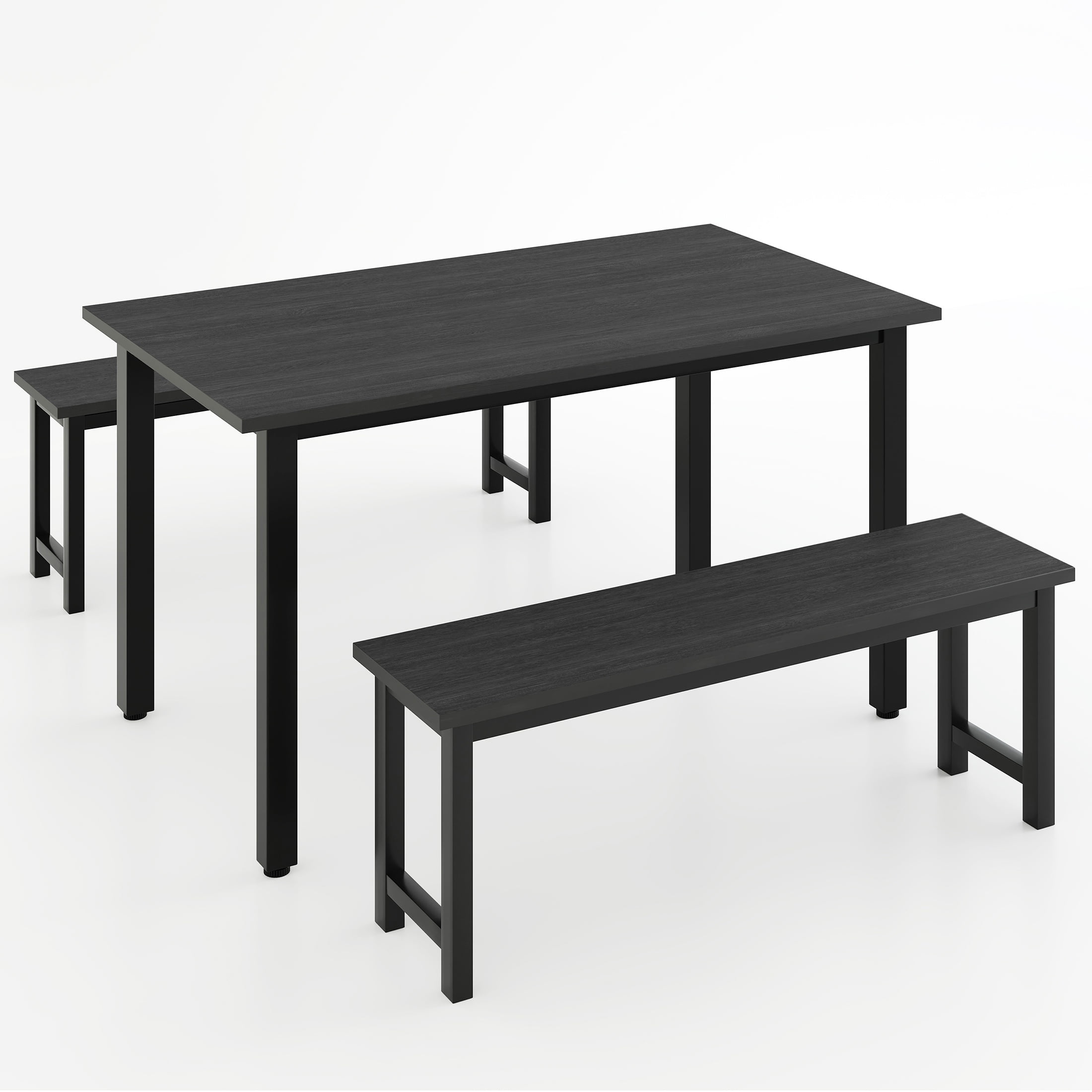 PORKISS 3 Piece Dining Table Set for 4, Kitchen Table with 2 Benches, Modern Dining Room Table Set with Metal Frame, Space Saving Breakfast Nook Table Set for Small Spaces, Apartment, Black