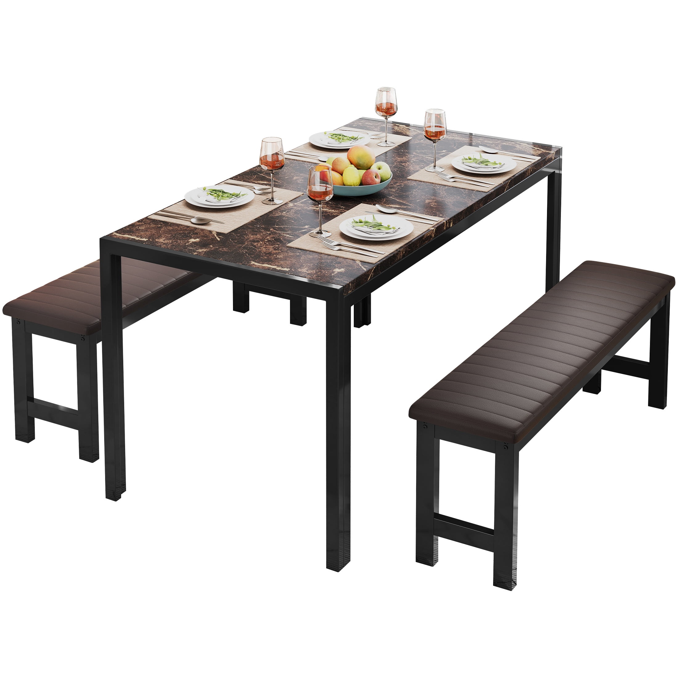 PORKISS 3 Piece Dining Table Set for 4, Kitchen Table Set with 2 PU Leather Benches, Dining Room Table Set with Metal Frame, Space Saving Breakfast Nook Table Set for Small Spaces, Apartment, Brown